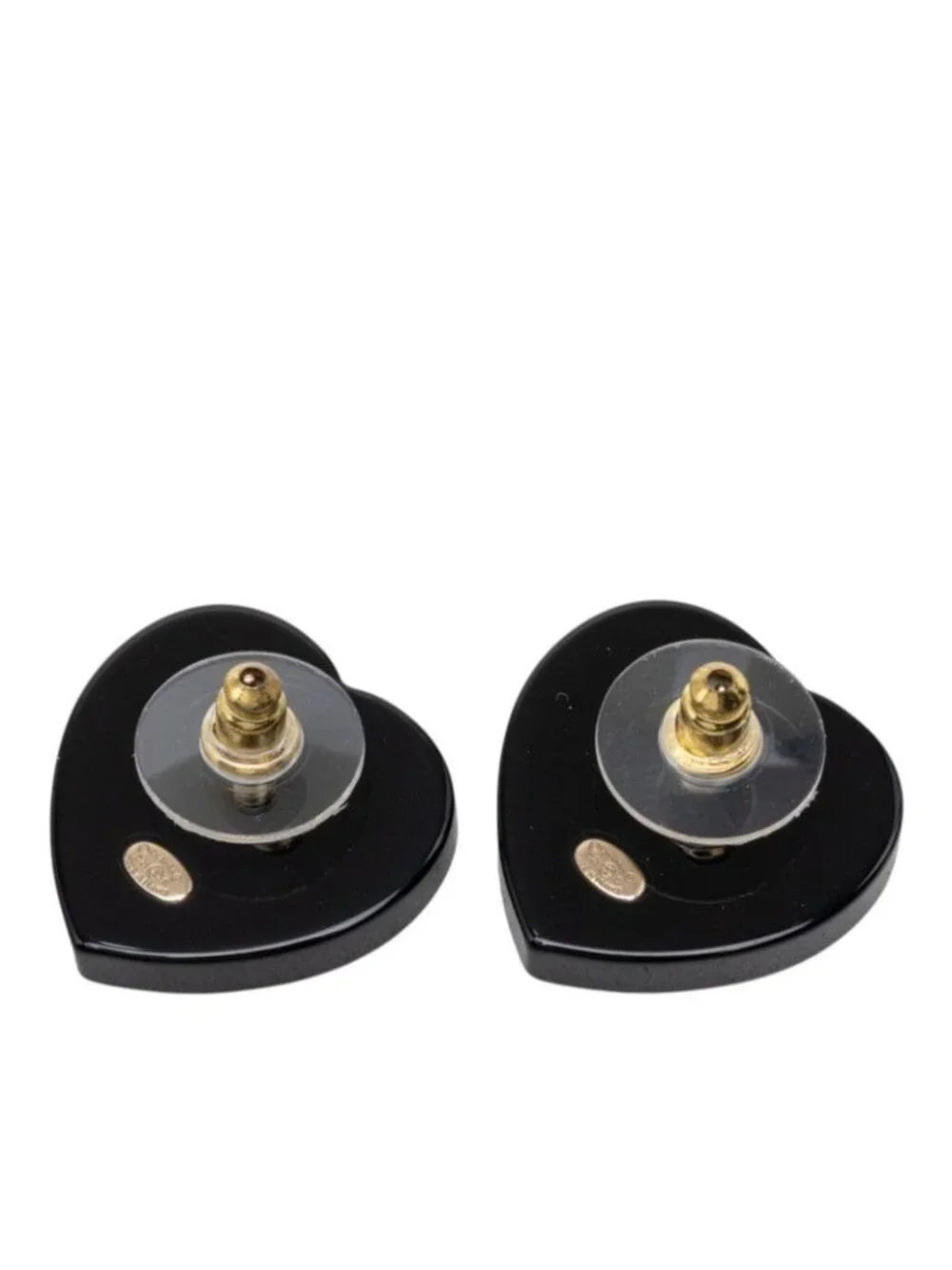 Chanel CC Logo Stud Earrings Heart Black Gold Rhinestone Plated
